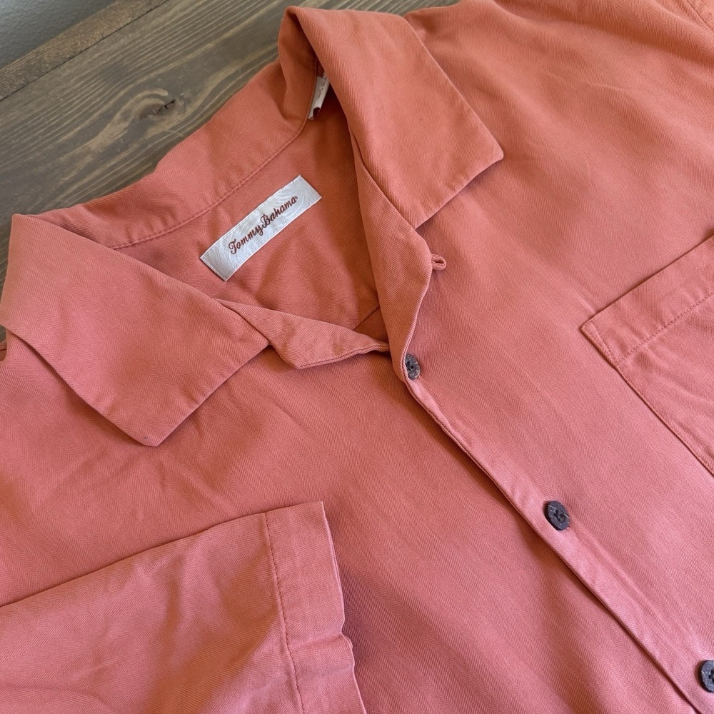 Tommy Bahama Men's XXL Orange 100% Silk‎ Short Sleeve Button Up Shirt Collar Top